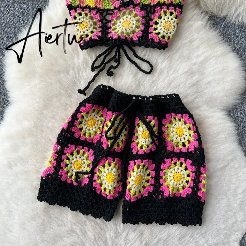 Aiertu  Summer Hollow Out Beach Suits Women Strap Halter Sexy Top+Mini Shorts Fashion Floral Knitted Bohemian Two Pieces Sets Aiertu