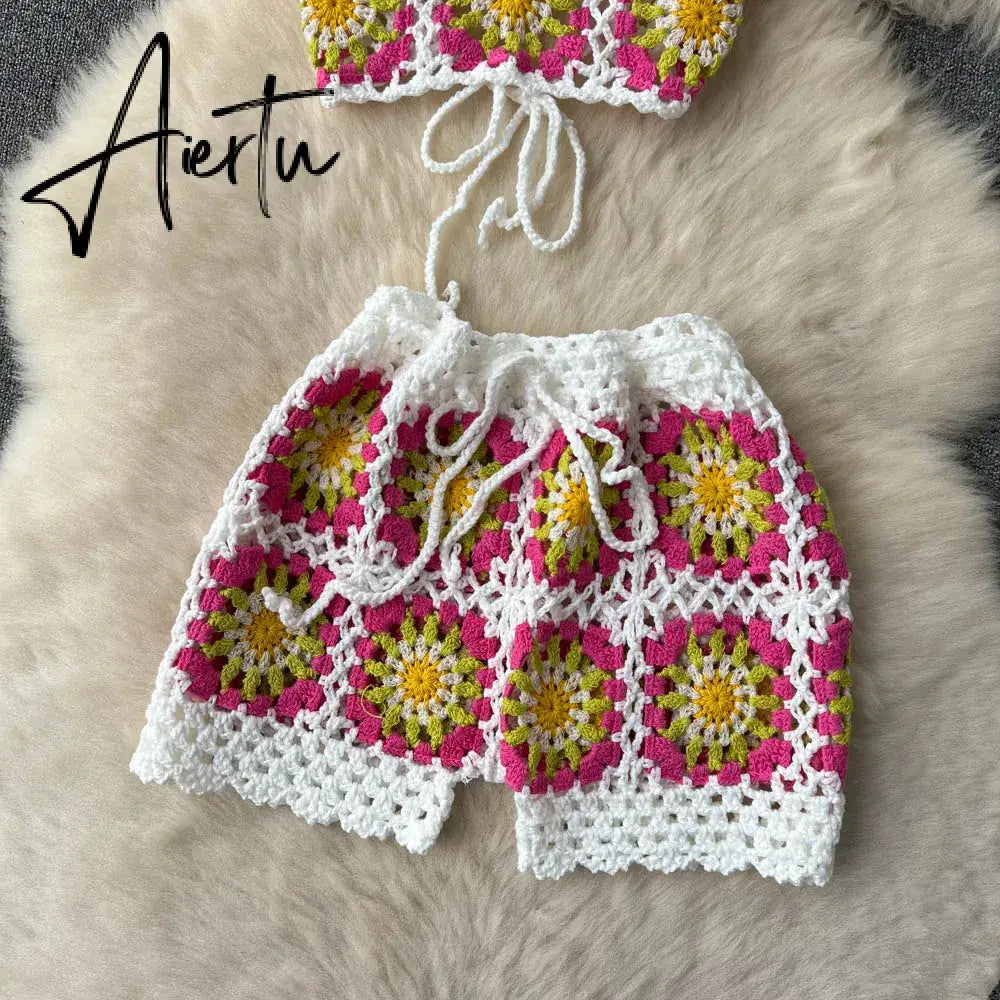 Aiertu  Summer Hollow Out Beach Suits Women Strap Halter Sexy Top+Mini Shorts Fashion Floral Knitted Bohemian Two Pieces Sets Aiertu