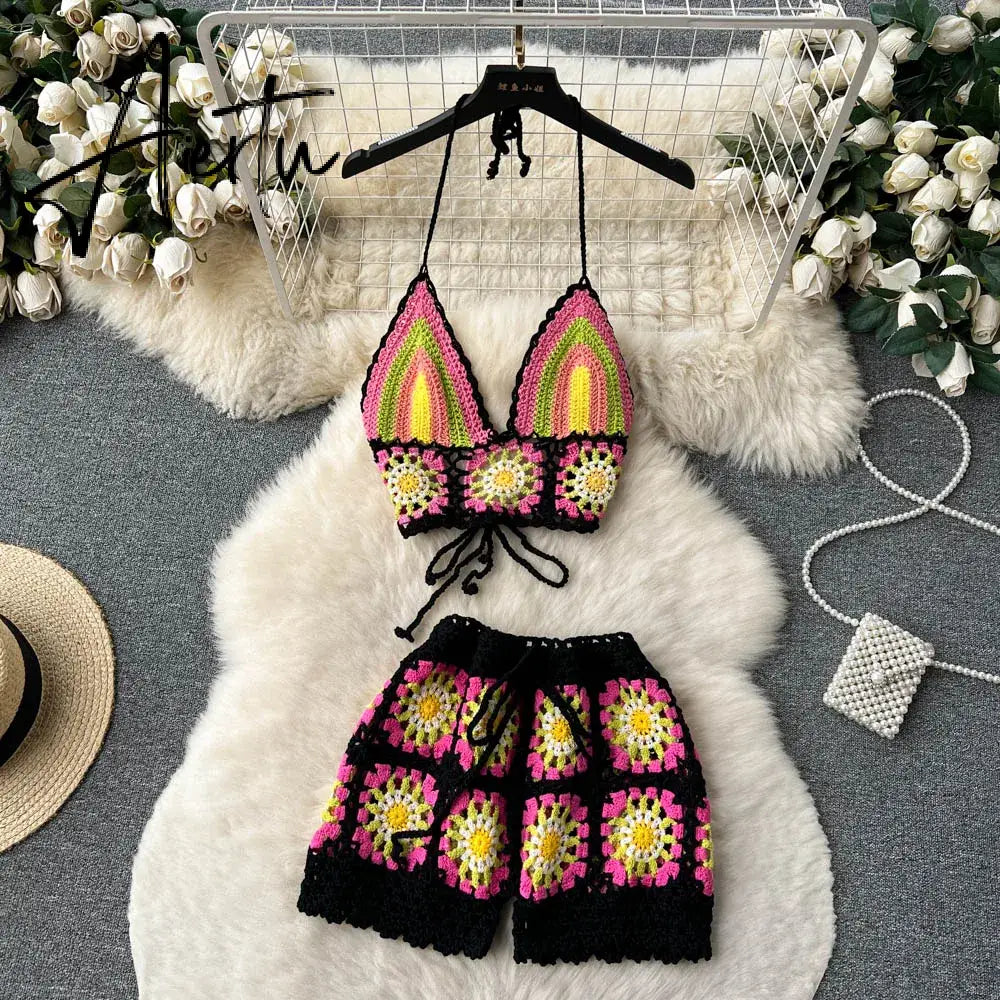 Aiertu  Summer Hollow Out Beach Suits Women Strap Halter Sexy Top+Mini Shorts Fashion Floral Knitted Bohemian Two Pieces Sets Aiertu