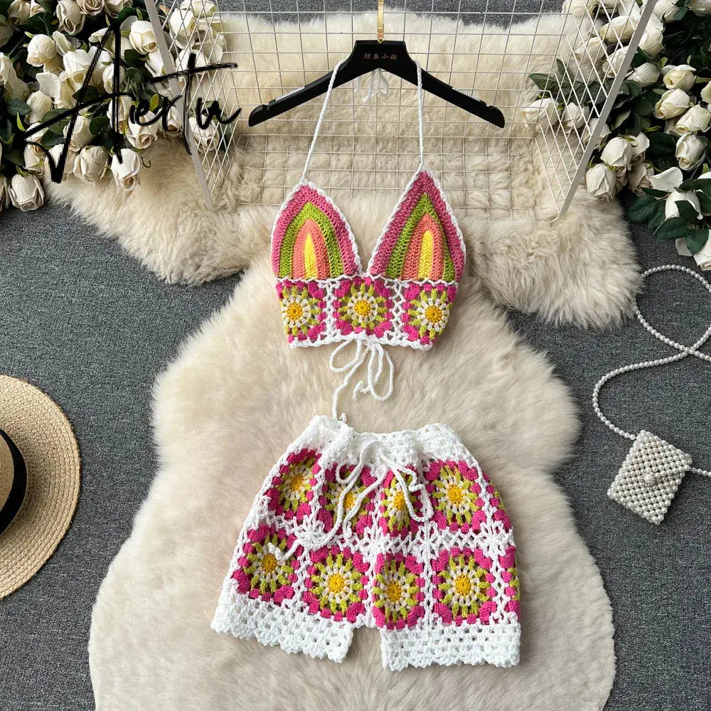 Aiertu  Summer Hollow Out Beach Suits Women Strap Halter Sexy Top+Mini Shorts Fashion Floral Knitted Bohemian Two Pieces Sets Aiertu