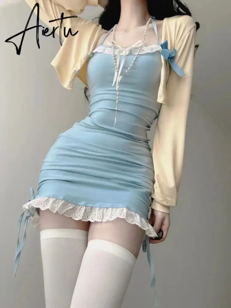 Aiertu Summer Japanese Kawaii Two Piece Set Women Lace Elegant Party Mini Dress Suit Female Sweet Bow Cardigans＋Y2k Backless Dress Aiertu
