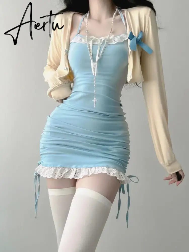 Aiertu Summer Japanese Kawaii Two Piece Set Women Lace Elegant Party Mini Dress Suit Female Sweet Bow Cardigans＋Y2k Backless Dress Aiertu