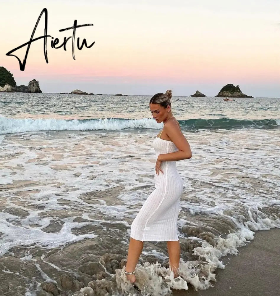 Aiertu Summer Knit Long Skirts For Women Sexy Beach Cove Up Dress Party Outfits Dropped Waist See Through Wrap White Midi Skirt Aiertu