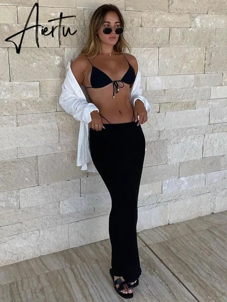 Aiertu Summer Knit Long Skirts For Women Sexy Beach Cove Up Dress Party Outfits Dropped Waist See Through Wrap White Midi Skirt Aiertu