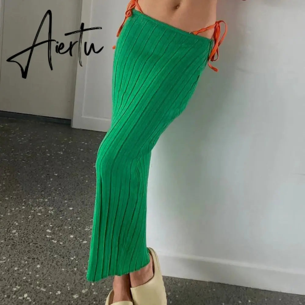 Aiertu Summer Knit Long Skirts For Women Sexy Beach Cove Up Dress Party Outfits Dropped Waist See Through Wrap White Midi Skirt Aiertu