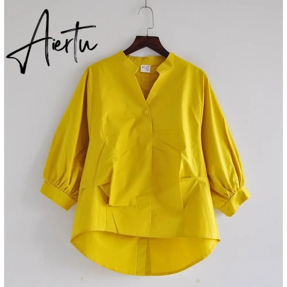 Aiertu  Summer Korea Fashion Women White V-neck Shirt   Lantern Sleeve Loose Blouses back split Button Shirts Ladies Tops Aiertu