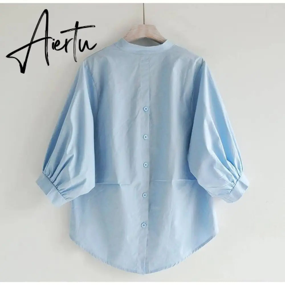 Aiertu  Summer Korea Fashion Women White V-neck Shirt   Lantern Sleeve Loose Blouses back split Button Shirts Ladies Tops Aiertu