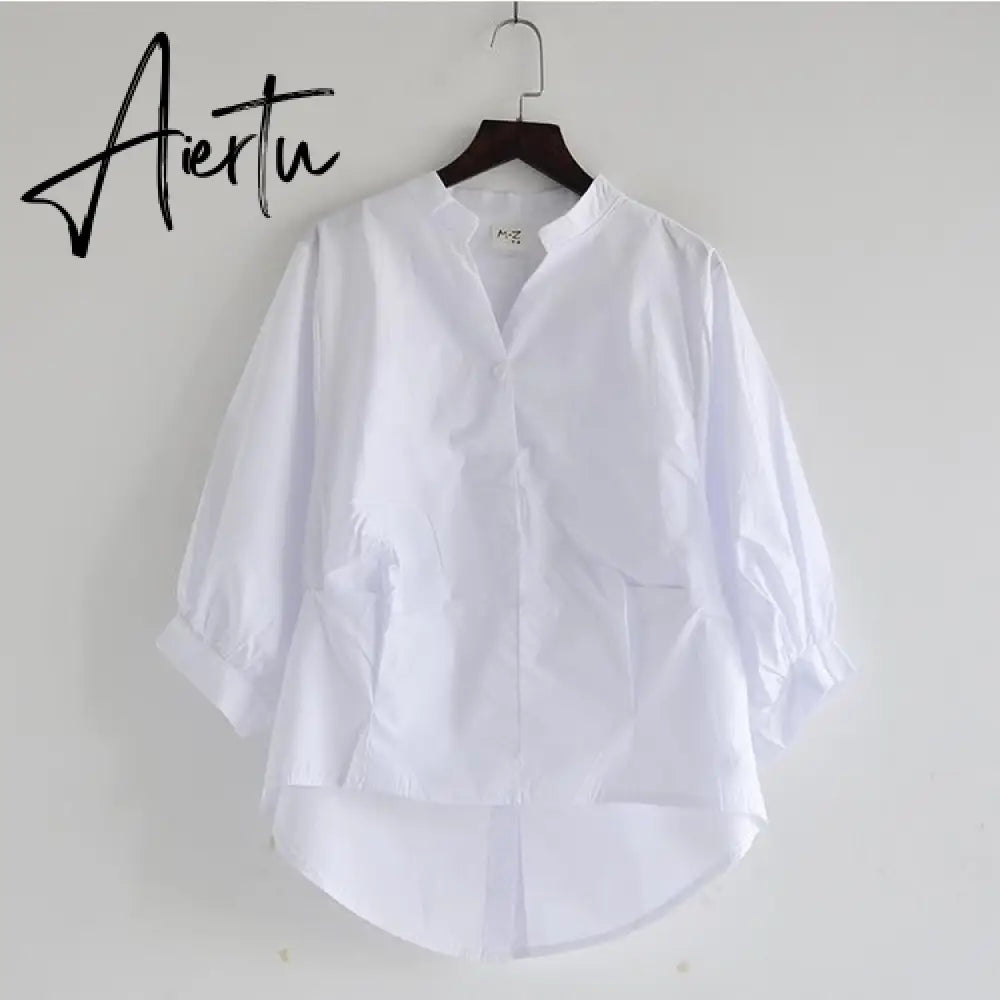 Aiertu  Summer Korea Fashion Women White V-neck Shirt   Lantern Sleeve Loose Blouses back split Button Shirts Ladies Tops Aiertu