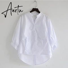 Aiertu  Summer Korea Fashion Women White V-neck Shirt   Lantern Sleeve Loose Blouses back split Button Shirts Ladies Tops Aiertu