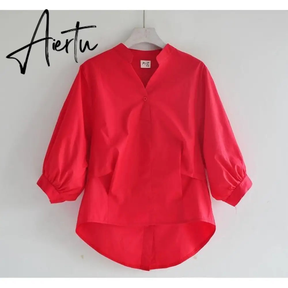 Aiertu  Summer Korea Fashion Women White V-neck Shirt   Lantern Sleeve Loose Blouses back split Button Shirts Ladies Tops Aiertu