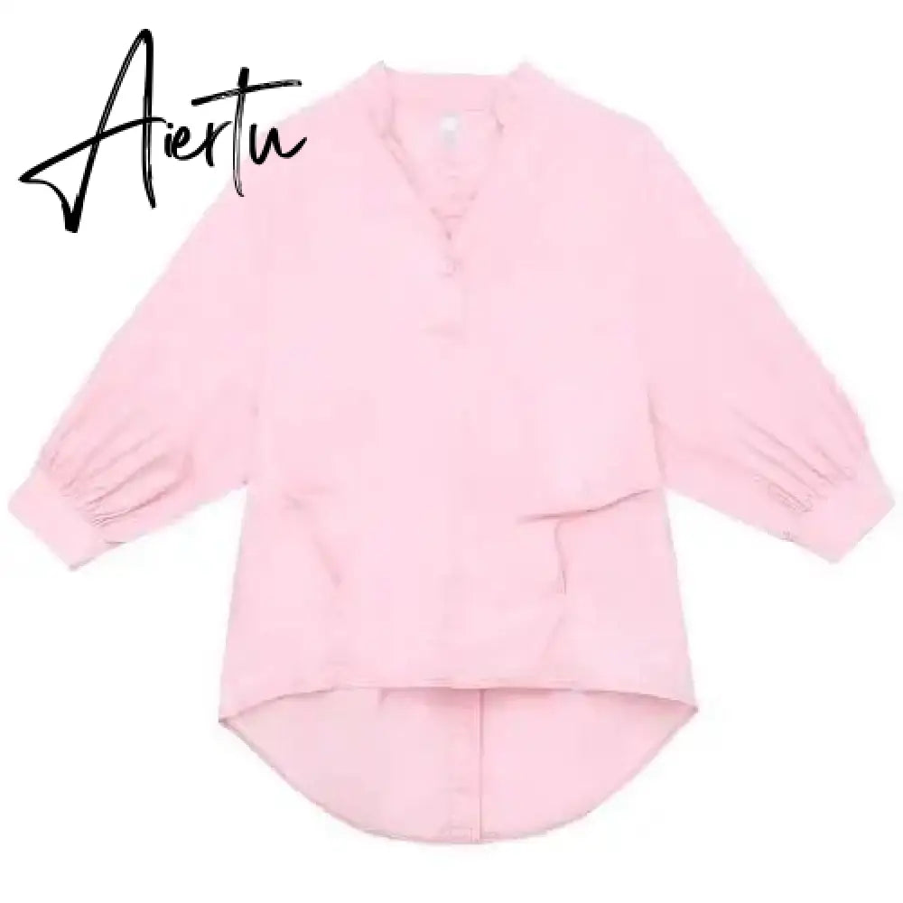 Aiertu  Summer Korea Fashion Women White V-neck Shirt   Lantern Sleeve Loose Blouses back split Button Shirts Ladies Tops Aiertu
