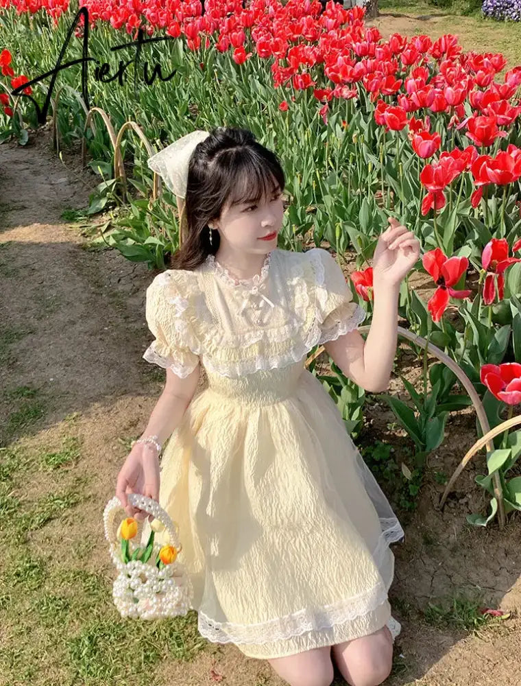 Aiertu Summer Lace Fairy Dress Women Patchwork Puff Sleeve Fluffy Sweet Mini Dress Female Korean Fashion Slim Fit Cute Party Dress Aiertu