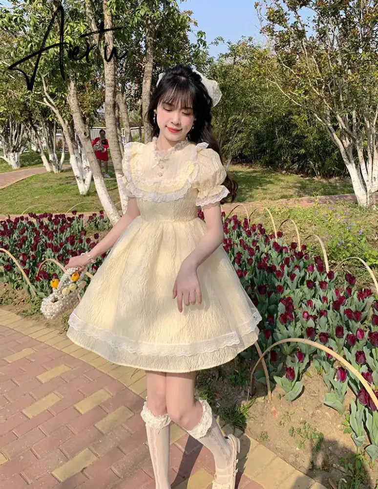 Aiertu Summer Lace Fairy Dress Women Patchwork Puff Sleeve Fluffy Sweet Mini Dress Female Korean Fashion Slim Fit Cute Party Dress Aiertu