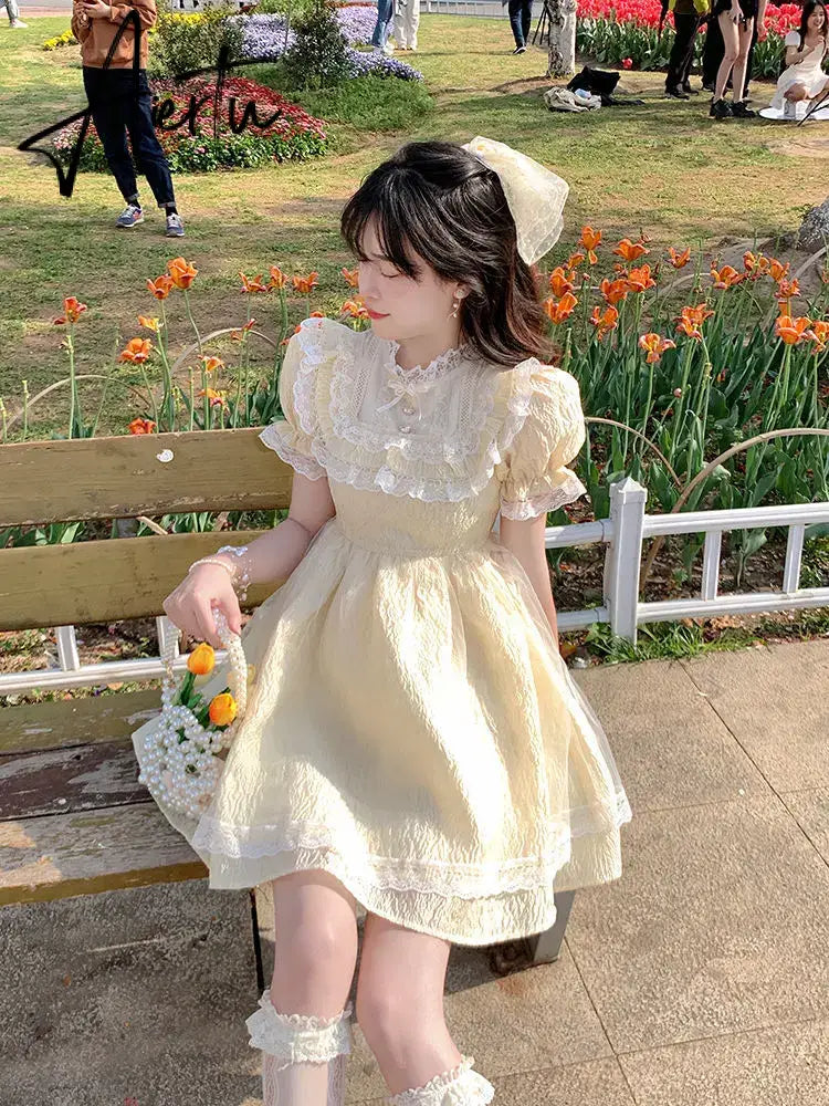 Aiertu Summer Lace Fairy Dress Women Patchwork Puff Sleeve Fluffy Sweet Mini Dress Female Korean Fashion Slim Fit Cute Party Dress Aiertu