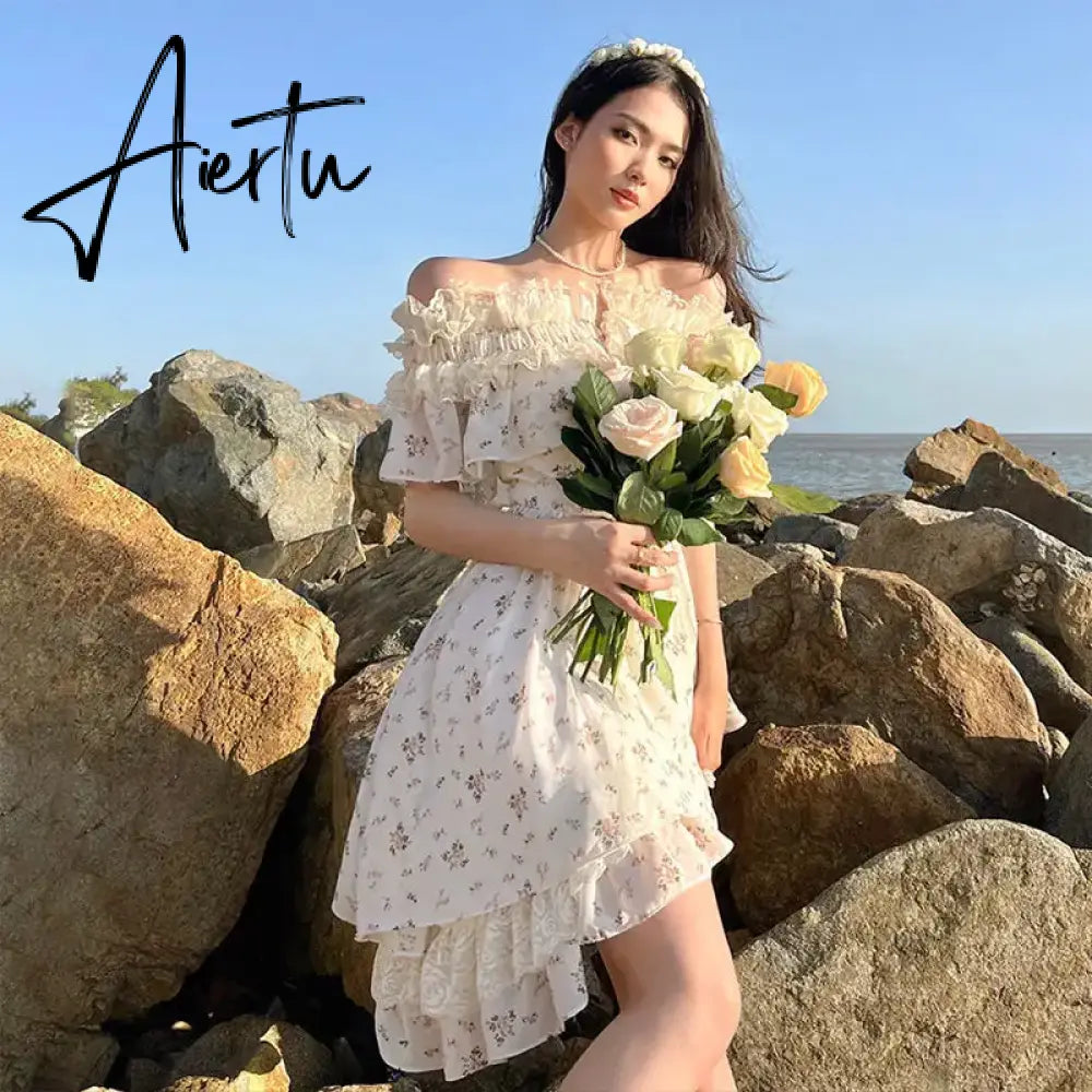 Aiertu Summer Lace Print Sweet Strap Dress Women Irregular Ruffle Flounce Cute Mini Dress Female Chiffon Slash Neck Elegant Dress Aiertu