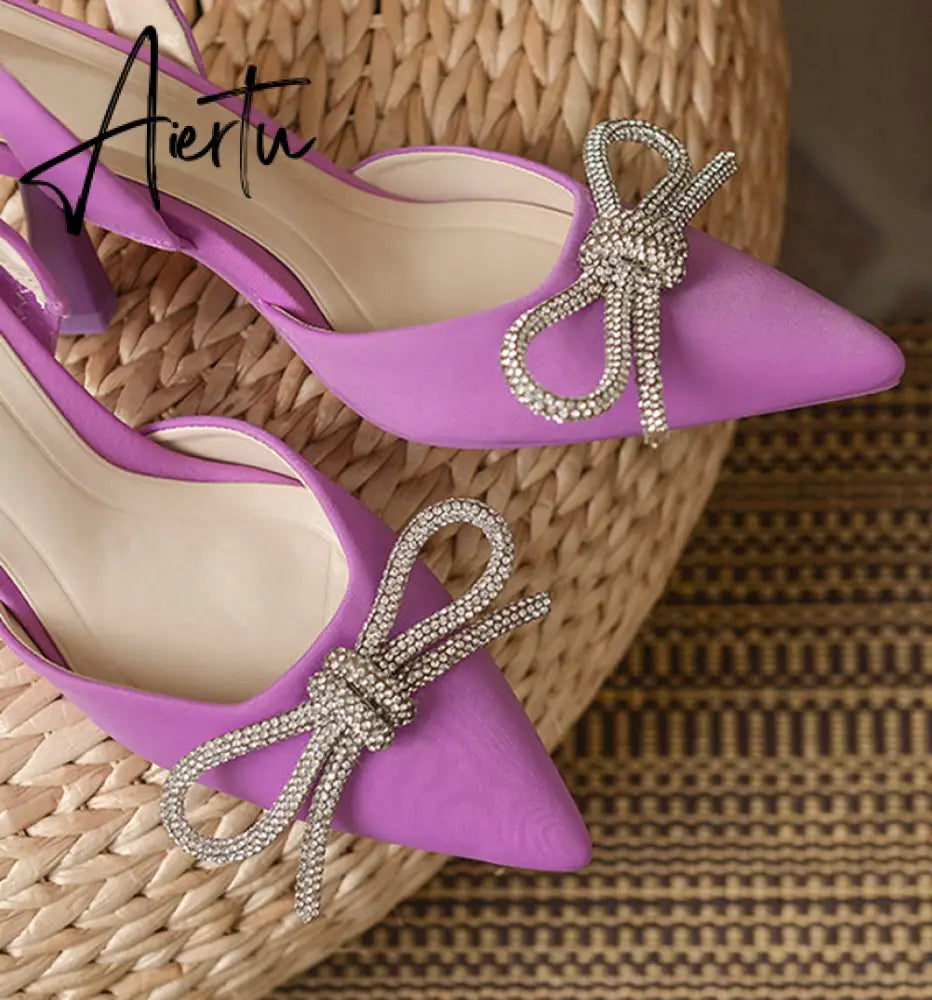 Aiertu Summer Ladies Elegant Slingback Shoes Fashion Crystal Bow-knot Women Sandal Thin High Heel Pointed Toe Mules Pumps Aiertu