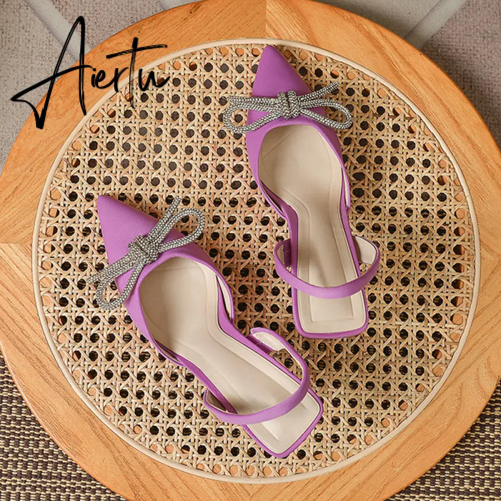 Aiertu Summer Ladies Elegant Slingback Shoes Fashion Crystal Bow-knot Women Sandal Thin High Heel Pointed Toe Mules Pumps Aiertu