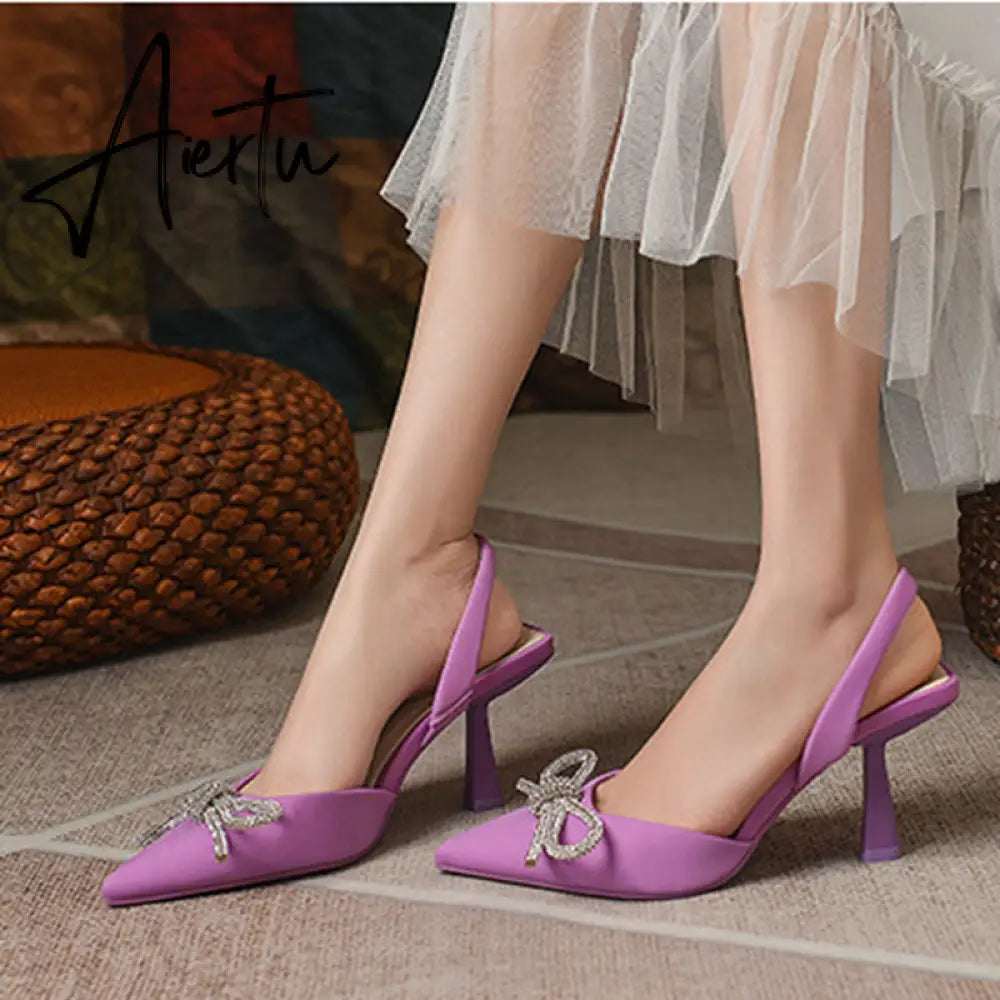 Aiertu Summer Ladies Elegant Slingback Shoes Fashion Crystal Bow-knot Women Sandal Thin High Heel Pointed Toe Mules Pumps Aiertu