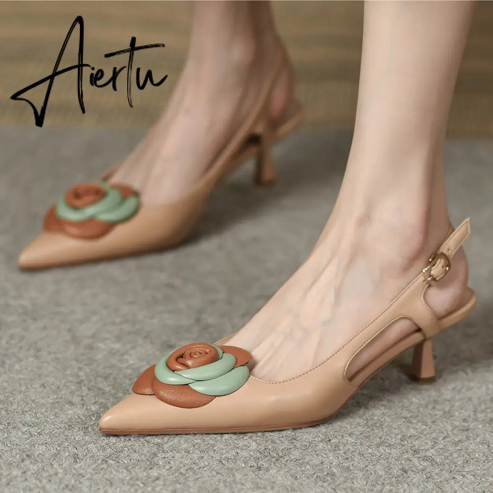 Aiertu  Summer Lady Fashion High Heel Shoes Pointed Toe Dress Shoes Elegant Flower Closed Toe Party Summer Evening Party Aiertu