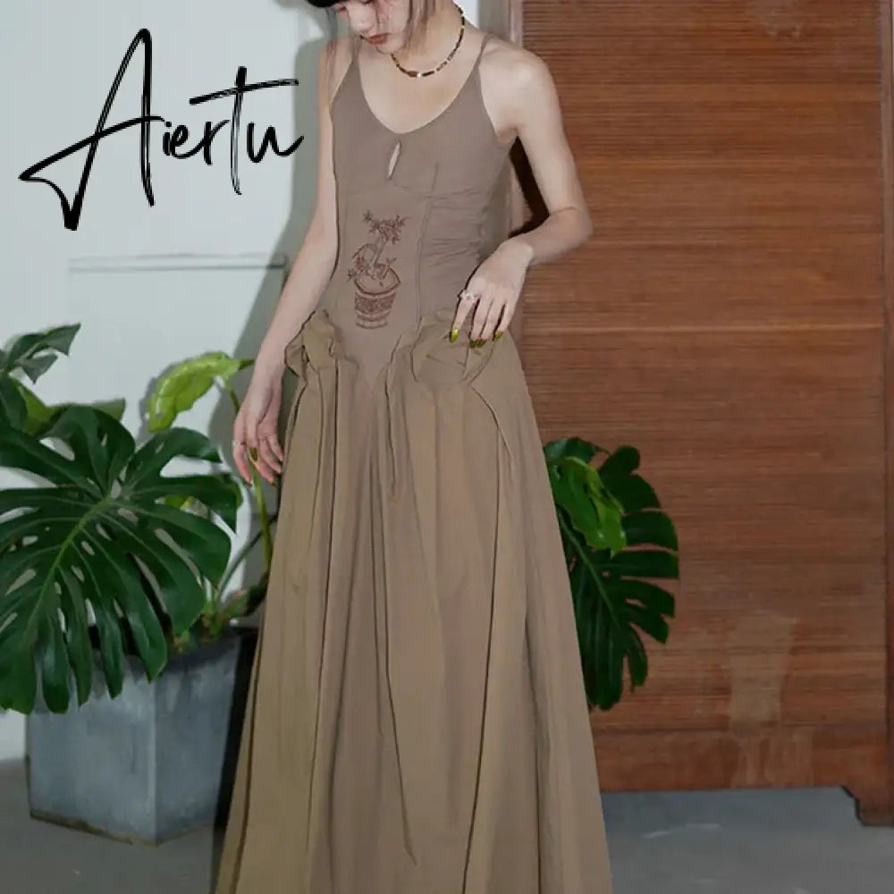 Aiertu Summer Lady Harajuku Camis Sleeveless Dress Women Vintage Ruffle Patchwork Maxi Long Dresses Korean Y2k Party Robe Vestidos Aiertu