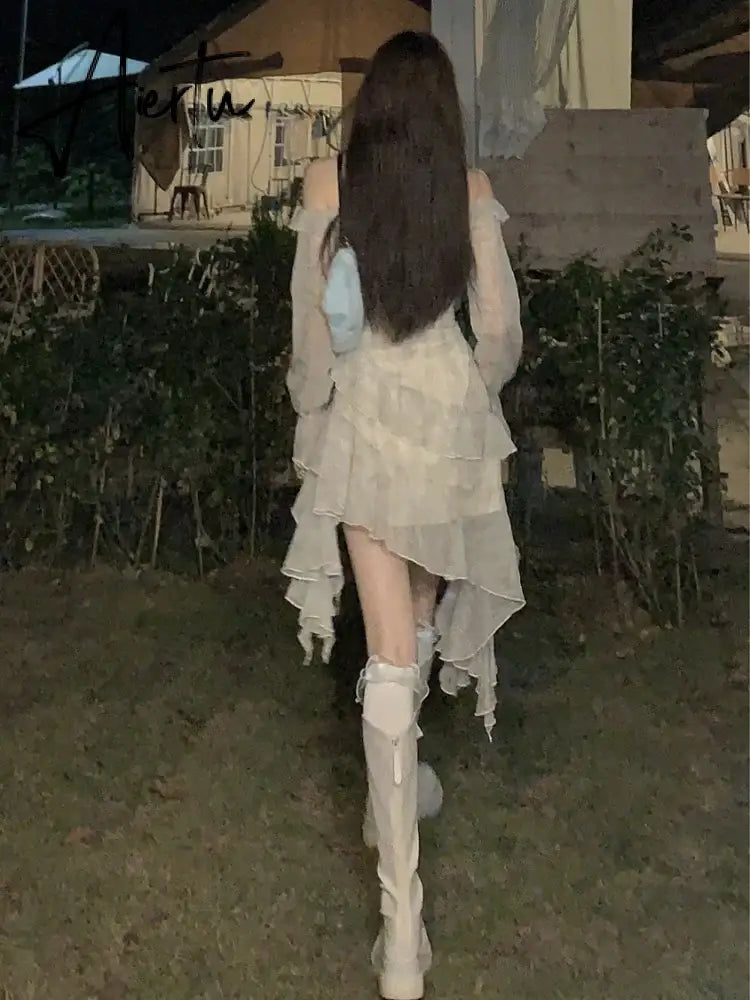 Aiertu Summer Long Sleeve Floral Fairy Dress Woman Beach Elegant Party Mini Dresses Casual Vintage One Piece Dress Korean Fashion Aiertu