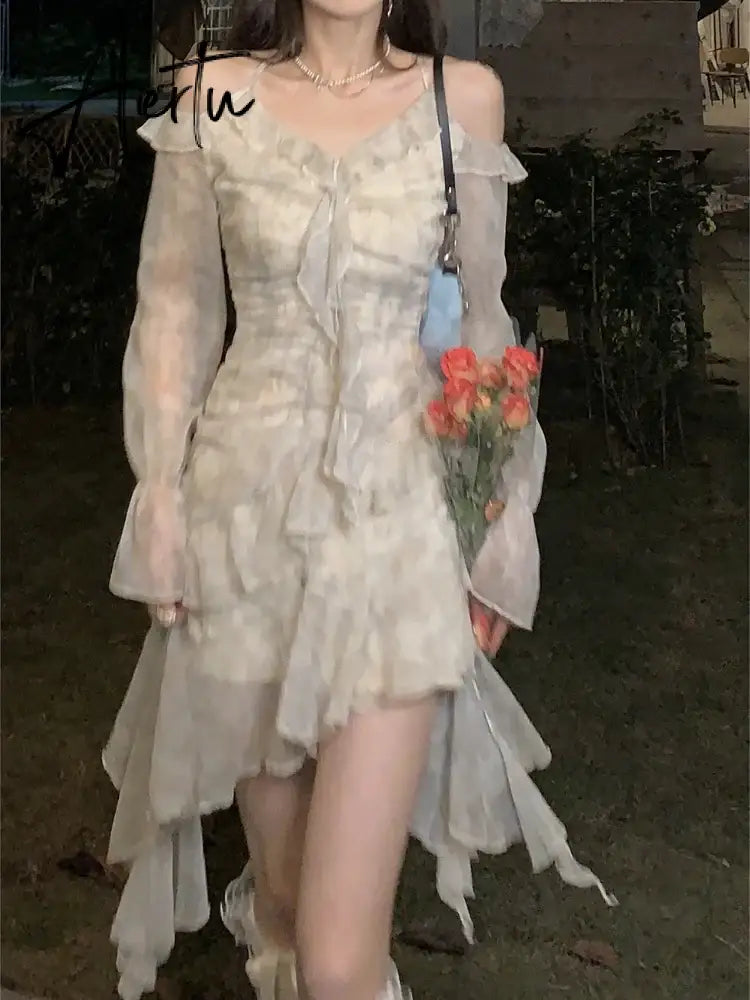 Aiertu Summer Long Sleeve Floral Fairy Dress Woman Beach Elegant Party Mini Dresses Casual Vintage One Piece Dress Korean Fashion Aiertu