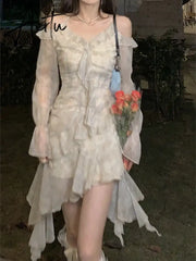 Aiertu Summer Long Sleeve Floral Fairy Dress Woman Beach Elegant Party Mini Dresses Casual Vintage One Piece Dress Korean Fashion Aiertu