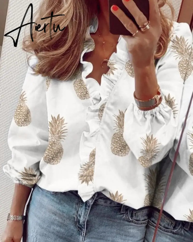 Aiertu Summer Long Sleeve Ruffle Blouse Shirts Elegant Sleeveless Letter Print Lady Slim Short Sleeve Blouses Women V-Neck Tops Aiertu