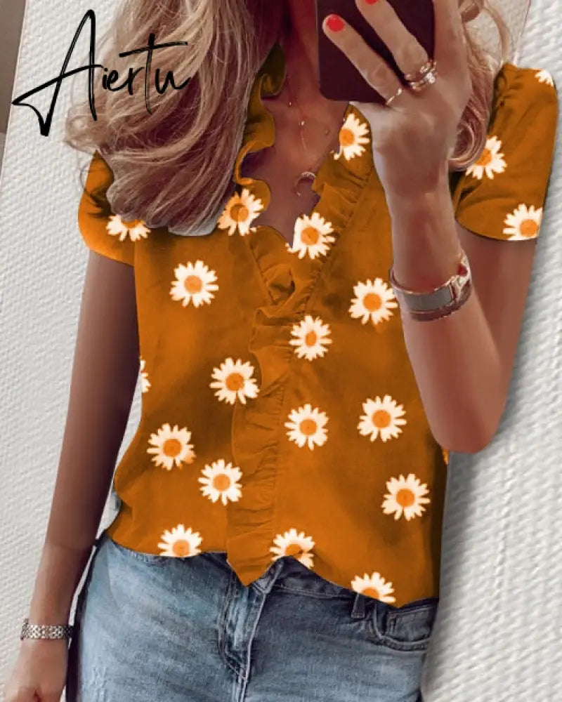 Aiertu Summer Long Sleeve Ruffle Blouse Shirts Elegant Sleeveless Letter Print Lady Slim Short Sleeve Blouses Women V-Neck Tops Aiertu
