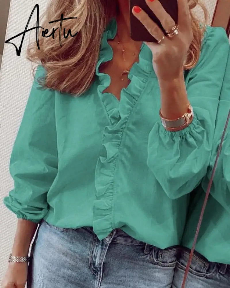 Aiertu Summer Long Sleeve Ruffle Blouse Shirts Elegant Sleeveless Letter Print Lady Slim Short Sleeve Blouses Women V-Neck Tops Aiertu