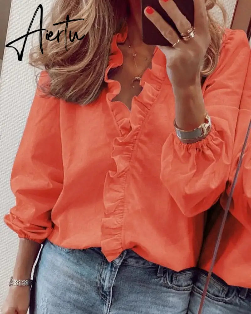 Aiertu Summer Long Sleeve Ruffle Blouse Shirts Elegant Sleeveless Letter Print Lady Slim Short Sleeve Blouses Women V-Neck Tops Aiertu