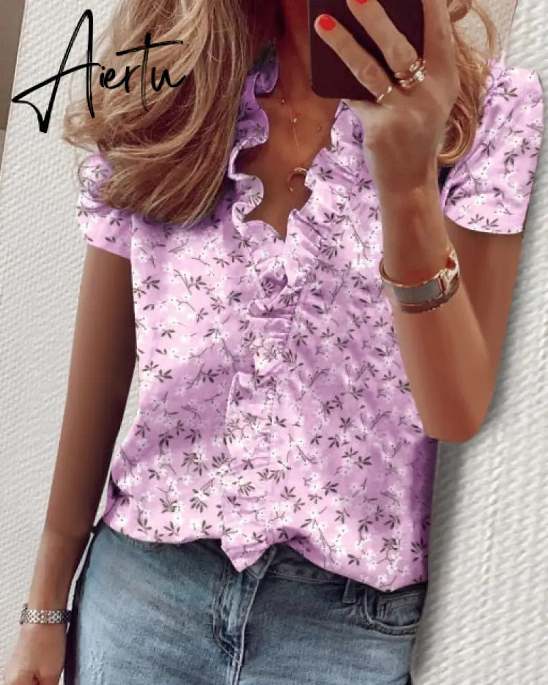 Aiertu Summer Long Sleeve Ruffle Blouse Shirts Elegant Sleeveless Letter Print Lady Slim Short Sleeve Blouses Women V-Neck Tops Aiertu