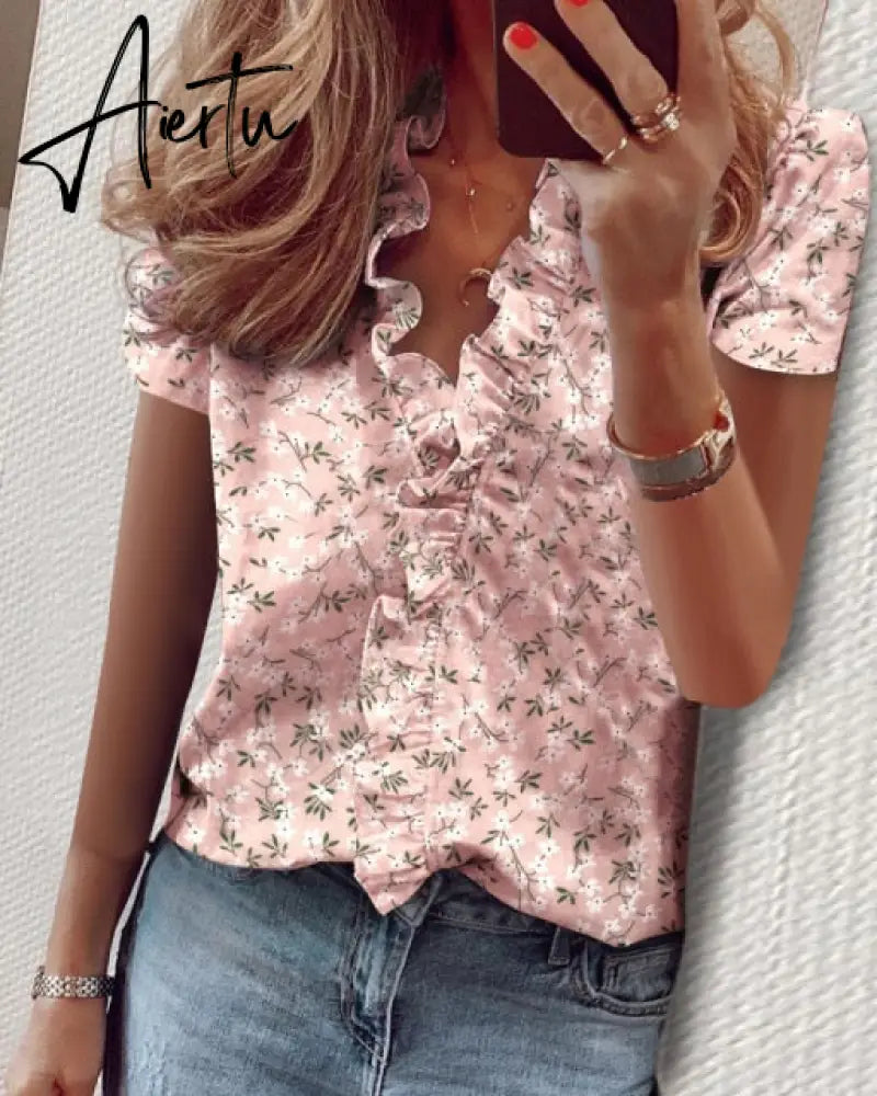 Aiertu Summer Long Sleeve Ruffle Blouse Shirts Elegant Sleeveless Letter Print Lady Slim Short Sleeve Blouses Women V-Neck Tops Aiertu