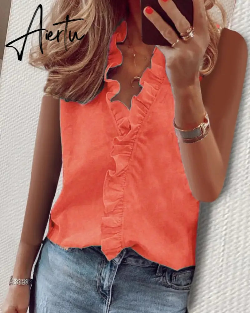 Aiertu Summer Long Sleeve Ruffle Blouse Shirts Elegant Sleeveless Letter Print Lady Slim Short Sleeve Blouses Women V-Neck Tops Aiertu
