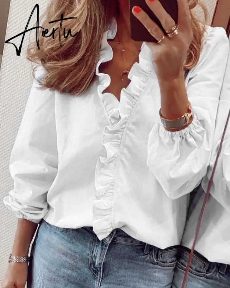 Aiertu Summer Long Sleeve Ruffle Blouse Shirts Elegant Sleeveless Letter Print Lady Slim Short Sleeve Blouses Women V-Neck Tops Aiertu