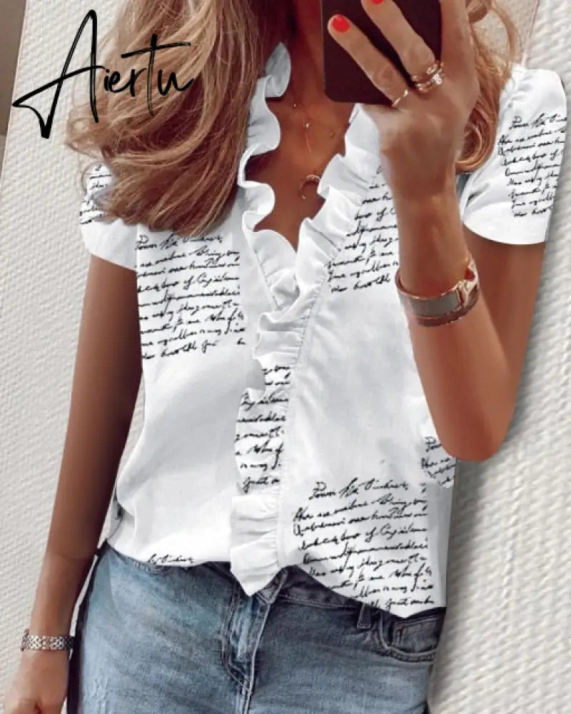Aiertu Summer Long Sleeve Ruffle Blouse Shirts Elegant Sleeveless Letter Print Lady Slim Short Sleeve Blouses Women V-Neck Tops Aiertu