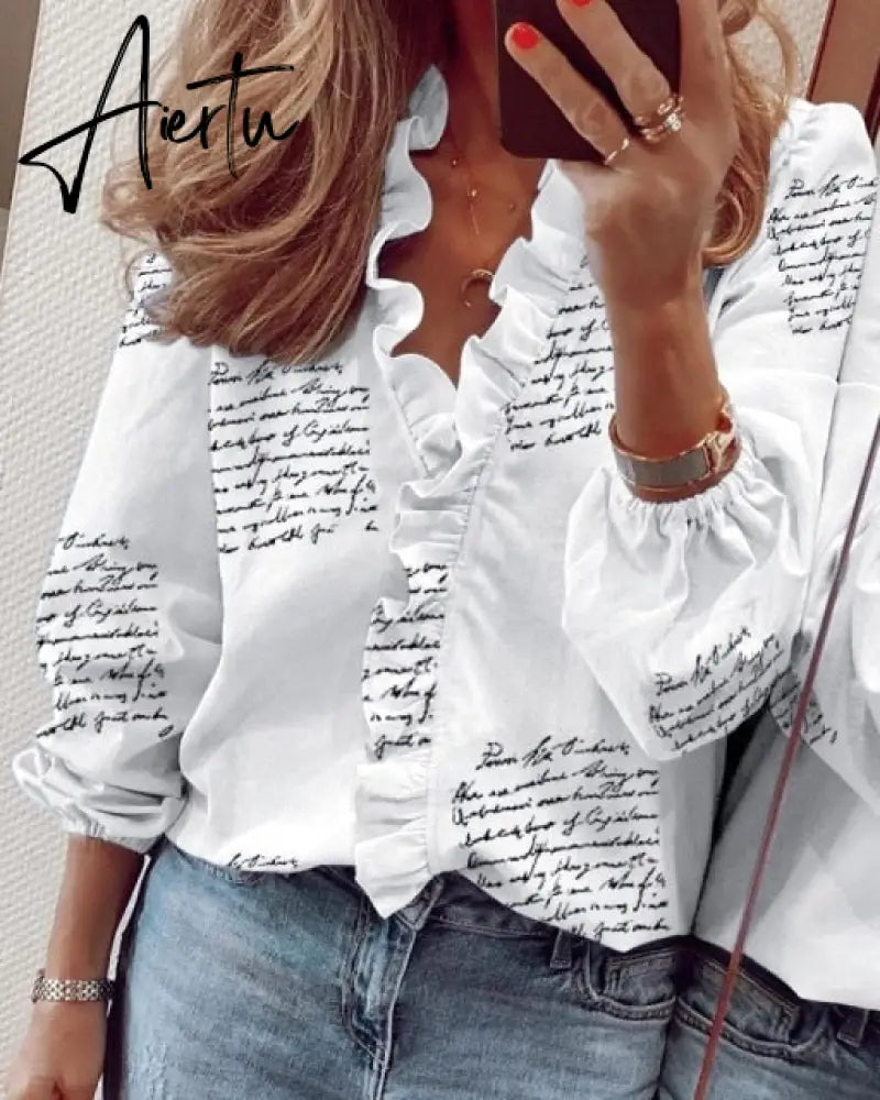 Aiertu Summer Long Sleeve Ruffle Blouse Shirts Elegant Sleeveless Letter Print Lady Slim Short Sleeve Blouses Women V-Neck Tops Aiertu