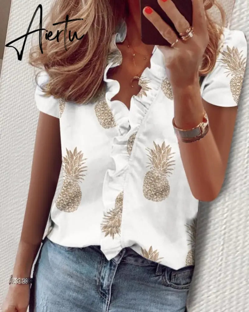 Aiertu Summer Long Sleeve Ruffle Blouse Shirts Elegant Sleeveless Letter Print Lady Slim Short Sleeve Blouses Women V-Neck Tops Aiertu