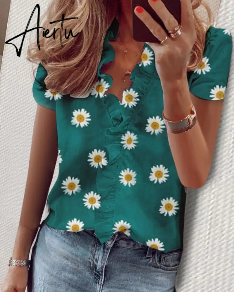 Aiertu Summer Long Sleeve Ruffle Blouse Shirts Elegant Sleeveless Letter Print Lady Slim Short Sleeve Blouses Women V-Neck Tops Aiertu