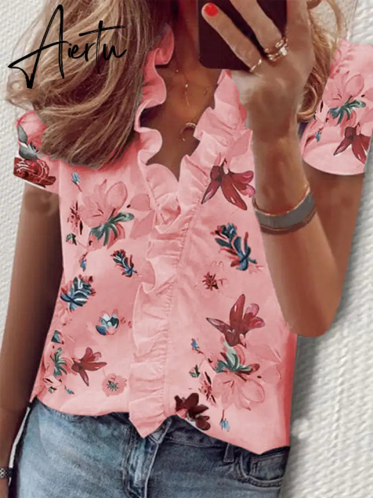 Aiertu Summer Long Sleeve Ruffle Blouse Shirts Elegant Sleeveless Letter Print Lady Slim Short Sleeve Blouses Women V-Neck Tops Aiertu