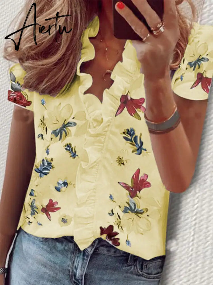 Aiertu Summer Long Sleeve Ruffle Blouse Shirts Elegant Sleeveless Letter Print Lady Slim Short Sleeve Blouses Women V-Neck Tops Aiertu