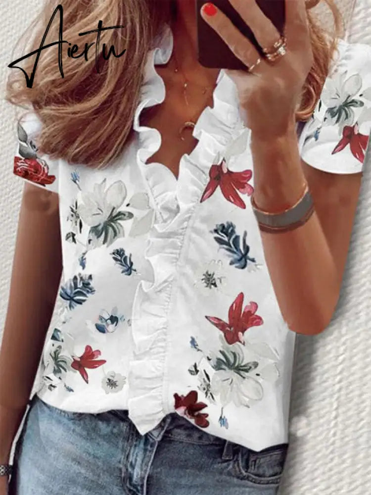 Aiertu Summer Long Sleeve Ruffle Blouse Shirts Elegant Sleeveless Letter Print Lady Slim Short Sleeve Blouses Women V-Neck Tops Aiertu