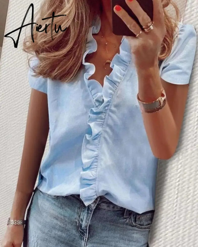 Aiertu Summer Long Sleeve Ruffle Blouse Shirts Elegant Sleeveless Letter Print Lady Slim Short Sleeve Blouses Women V-Neck Tops Aiertu