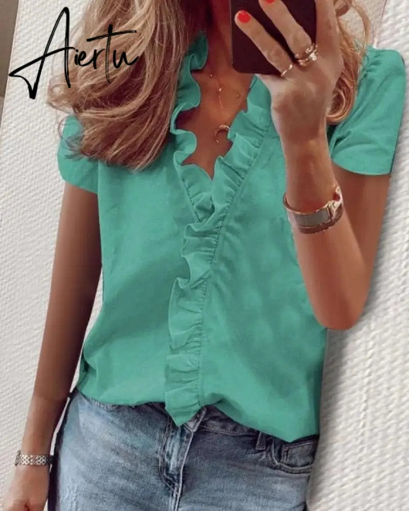 Aiertu Summer Long Sleeve Ruffle Blouse Shirts Elegant Sleeveless Letter Print Lady Slim Short Sleeve Blouses Women V-Neck Tops Aiertu