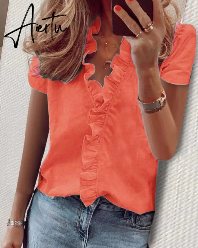 Aiertu Summer Long Sleeve Ruffle Blouse Shirts Elegant Sleeveless Letter Print Lady Slim Short Sleeve Blouses Women V-Neck Tops Aiertu