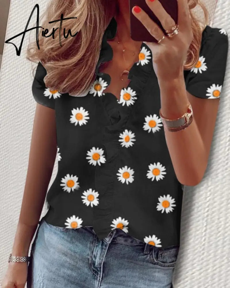 Aiertu Summer Long Sleeve Ruffle Blouse Shirts Elegant Sleeveless Letter Print Lady Slim Short Sleeve Blouses Women V-Neck Tops Aiertu