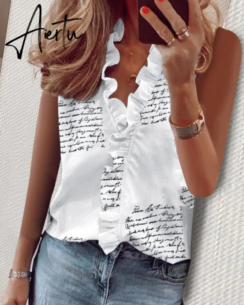 Aiertu Summer Long Sleeve Ruffle Blouse Shirts Elegant Sleeveless Letter Print Lady Slim Short Sleeve Blouses Women V-Neck Tops Aiertu