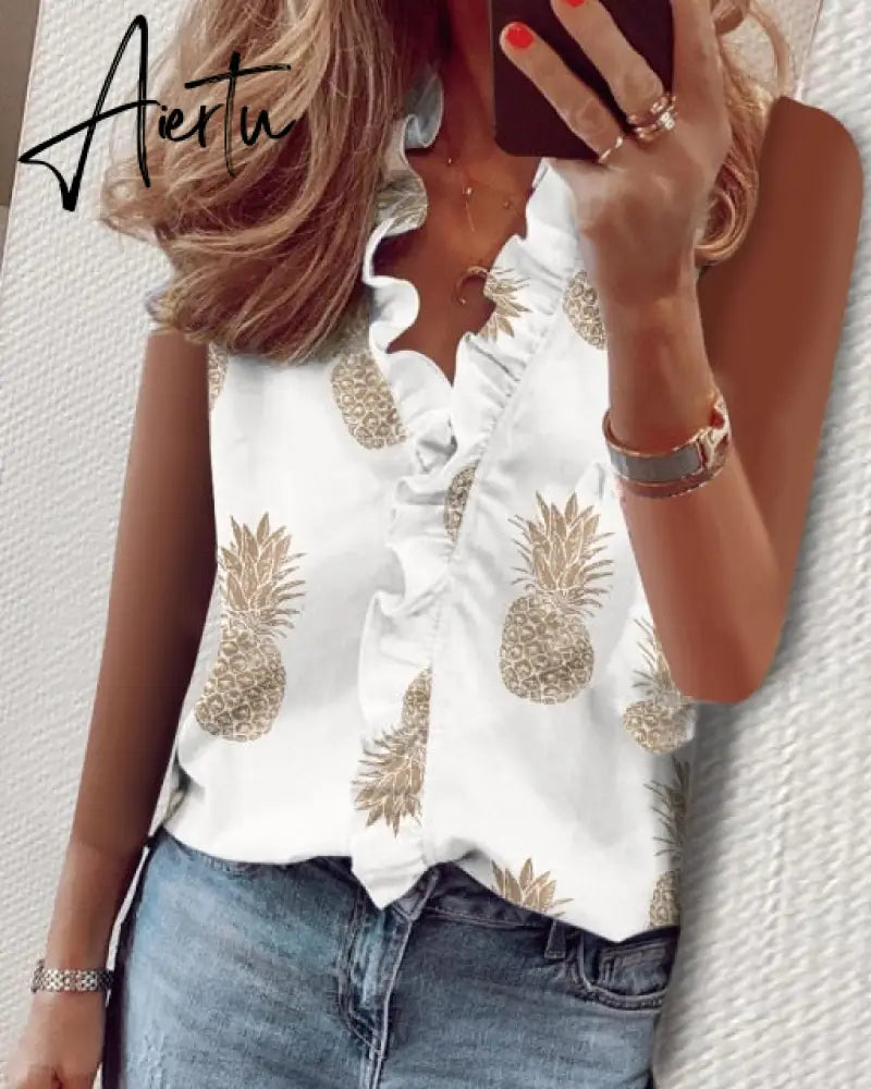Aiertu Summer Long Sleeve Ruffle Blouse Shirts Elegant Sleeveless Letter Print Lady Slim Short Sleeve Blouses Women V-Neck Tops Aiertu