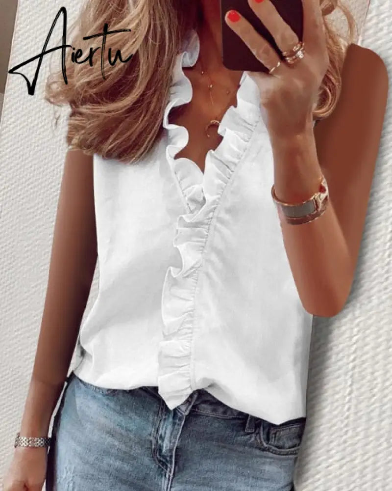 Aiertu Summer Long Sleeve Ruffle Blouse Shirts Elegant Sleeveless Letter Print Lady Slim Short Sleeve Blouses Women V-Neck Tops Aiertu