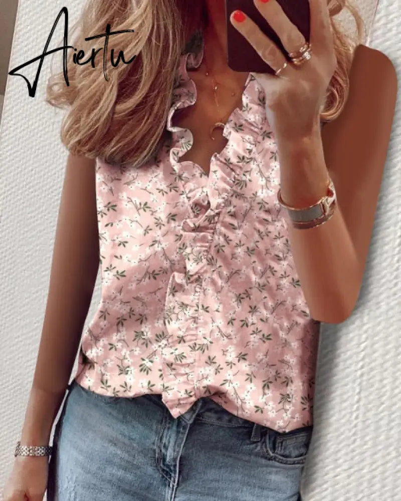 Aiertu Summer Long Sleeve Ruffle Blouse Shirts Elegant Sleeveless Letter Print Lady Slim Short Sleeve Blouses Women V-Neck Tops Aiertu